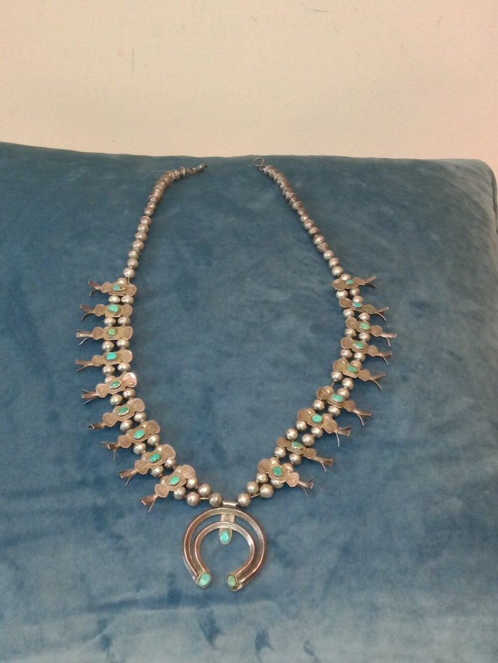 Navajo Sterling Silver Turquoise Squash Blossom w/ Naja Pendant Necklace 25"